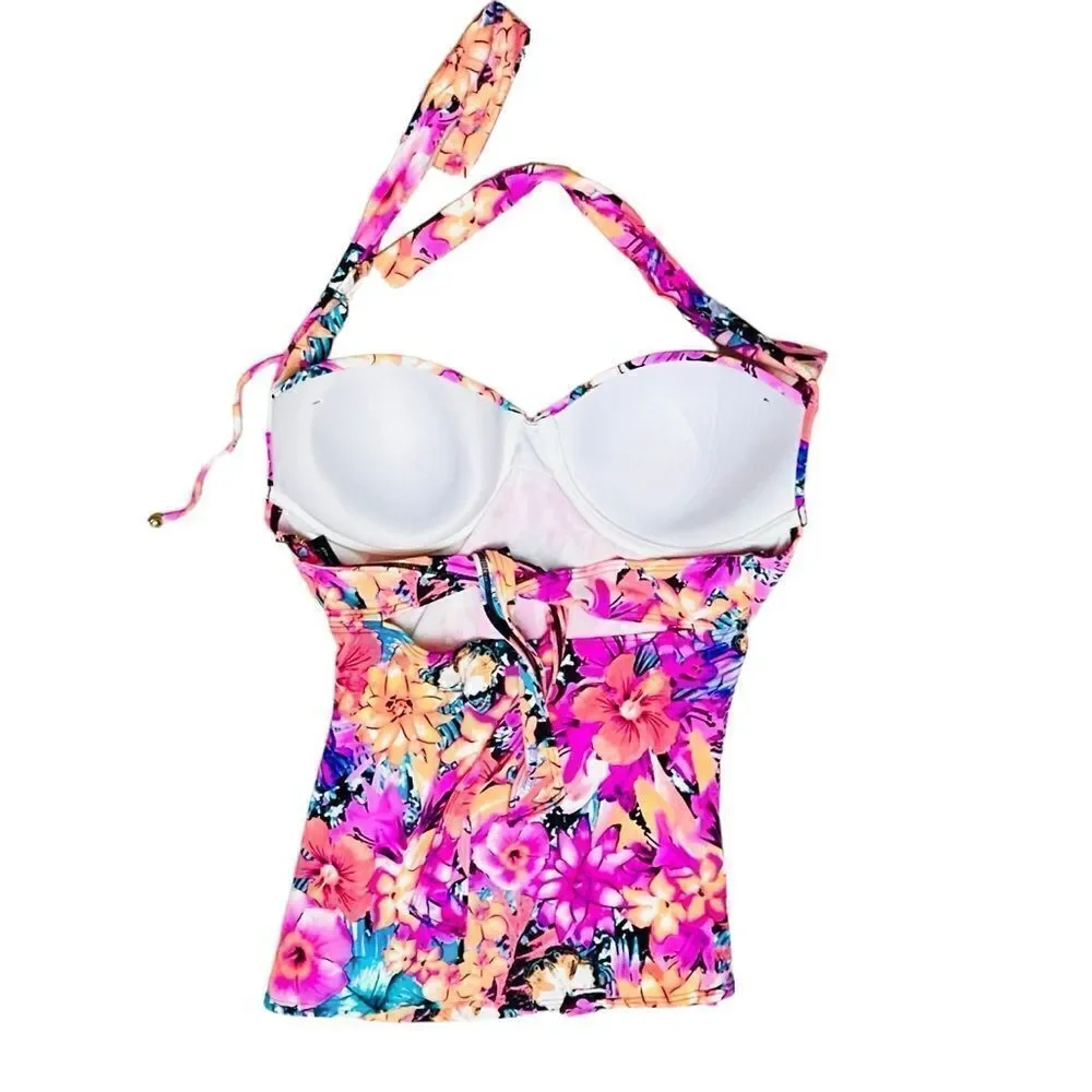 Coco Reef Pink Tropical Floral Pink Swimsuit Soft Cup Underwire Adjustable Top 8